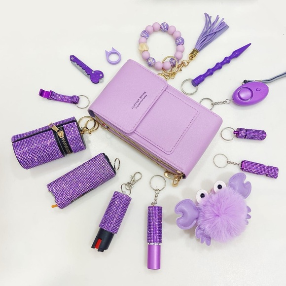 🌸 **Empower Yourself with Our Stylish Pink Self Defense Kit  New Purple Bling Safety Keychain Wallet Set 13pc